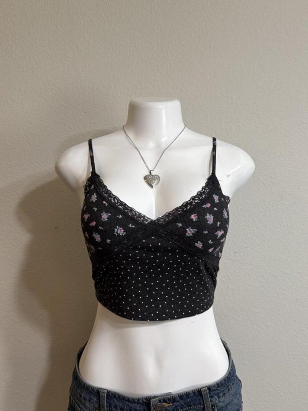 Aeropostale tank top black pink floral lace cami Small